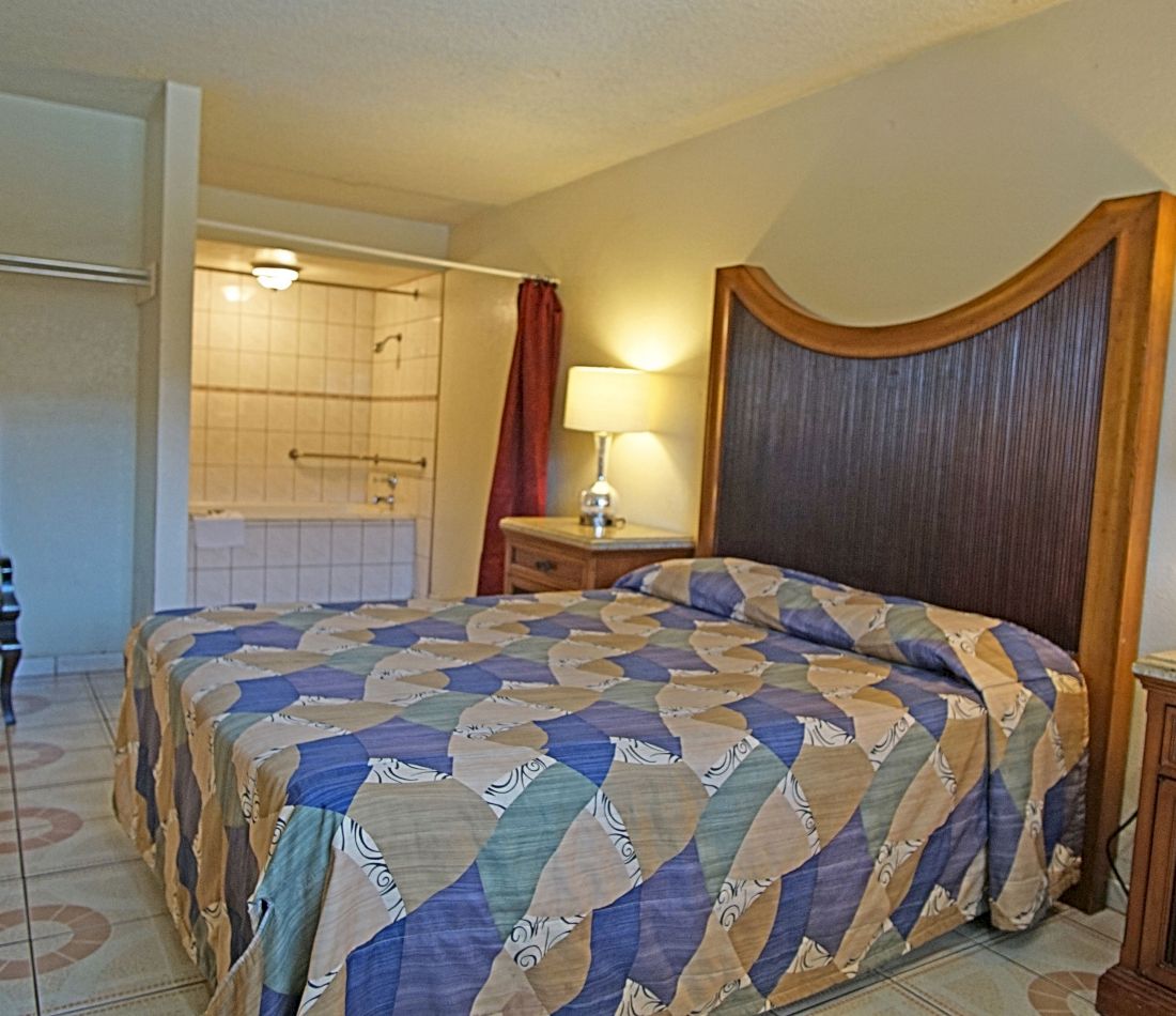 A hotel room with a bed, nightstand, lamp, and bathroom with shower and tub.