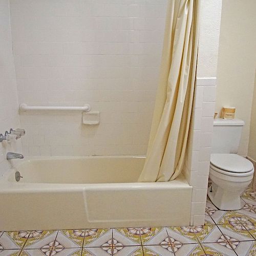 The image shows a bathroom with a bathtub, shower curtain, toilet, towel rack with towels, grab bars, toilet paper holder, and patterned floor tiles.