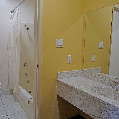 This image shows a bathroom with a toilet, shower curtain, and single sink vanity with a wall mirror on a beige wall.