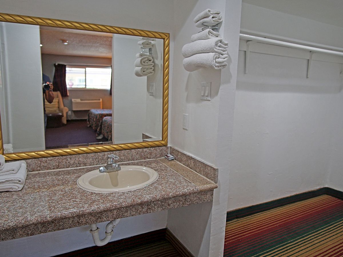 The image shows a room with a vanity sink and a large mirror, towels, and a closet rack. The room in the reflection has a seated person.